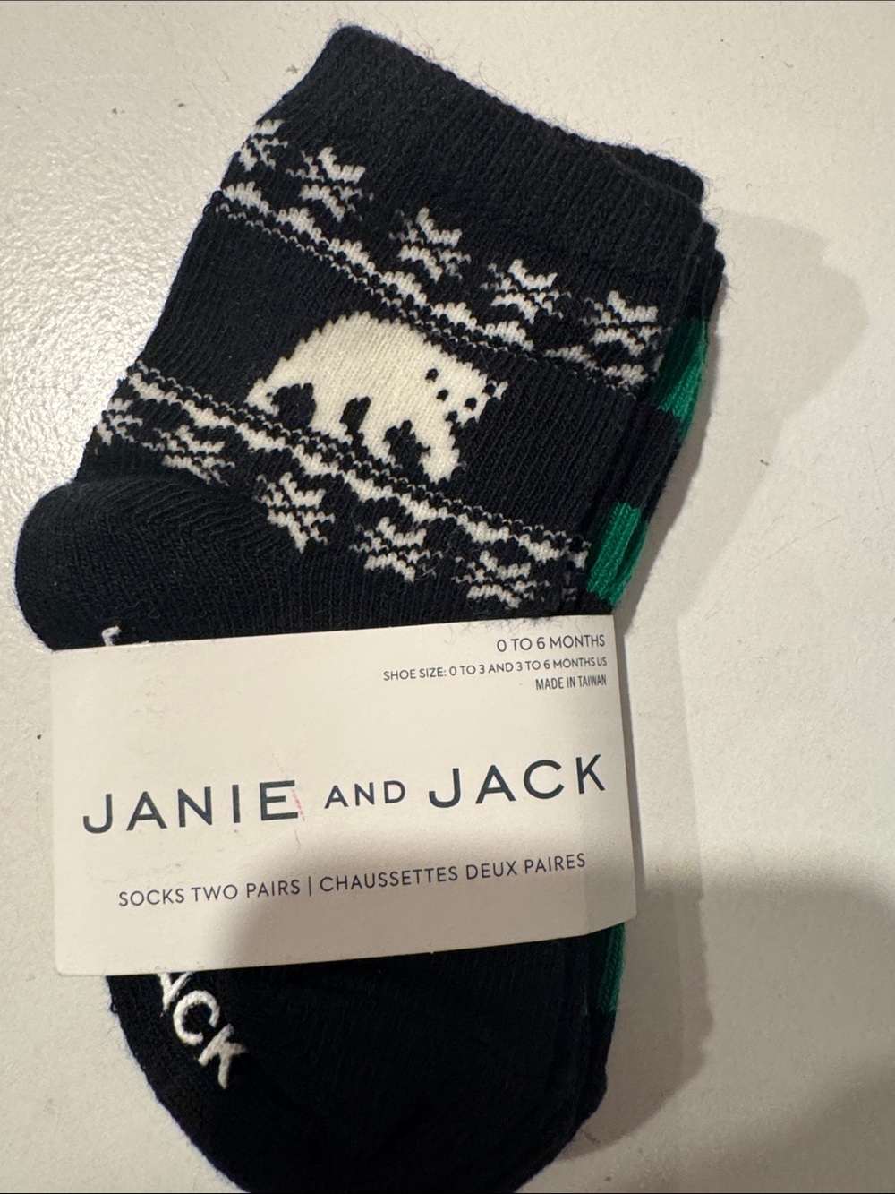 Janie and Jack Baby Polar Bear Knit Socks - Black & White with Green Accent